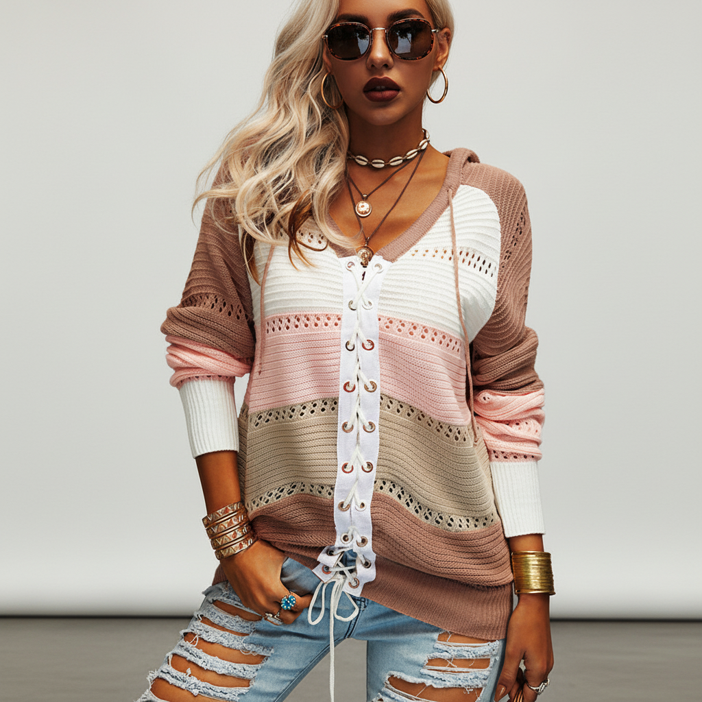 Multi-colored hooded knit sweater with openwork panels and a white lace-up front, styled with distressed denim jeans.