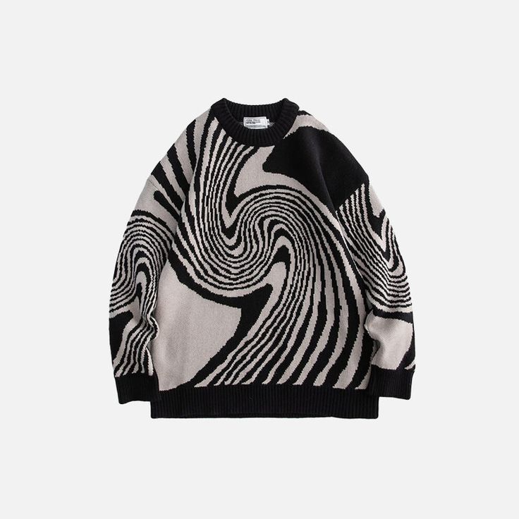 Oversized black and beige knitted pullover sweater featuring a bold, swirling abstract pattern and ribbed crew neck.