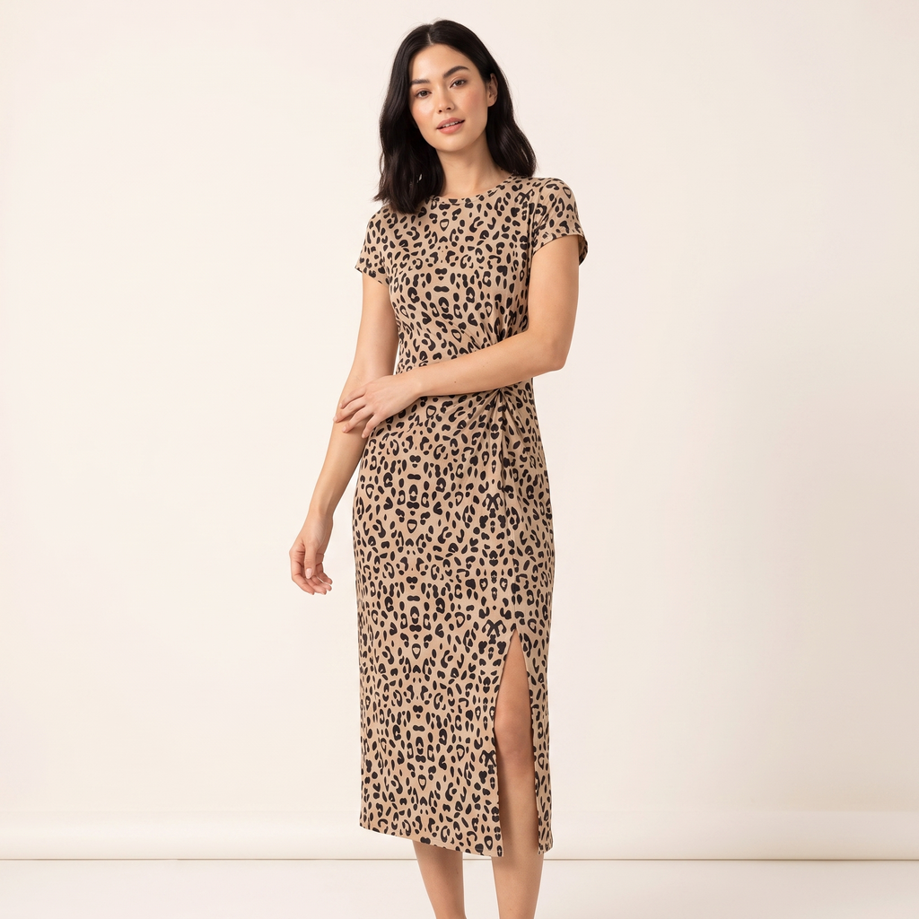 Woman wearing a leopard print dress on a plain background