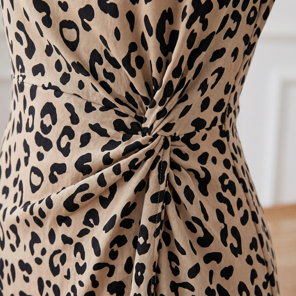 Leopard print dress with a knot detail on a neutral background