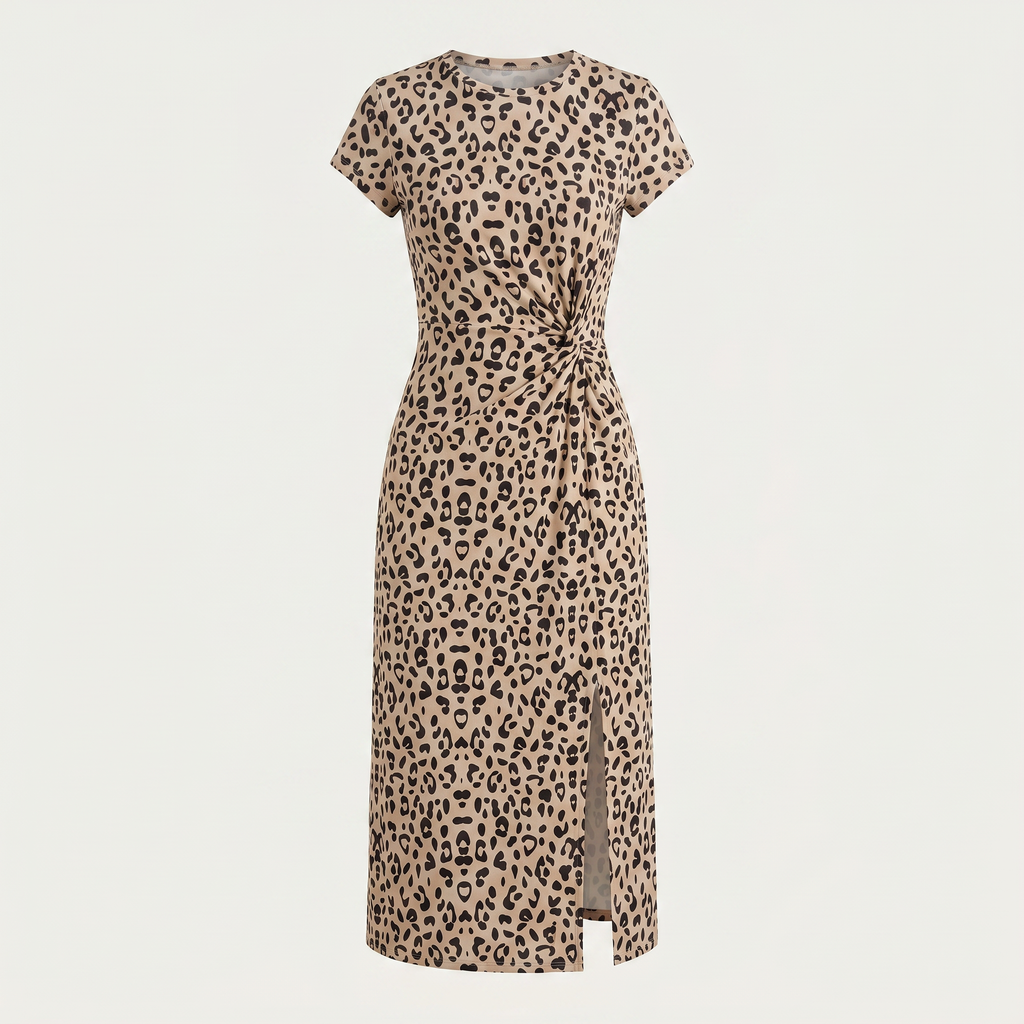 Leopard print dress on a light beige background