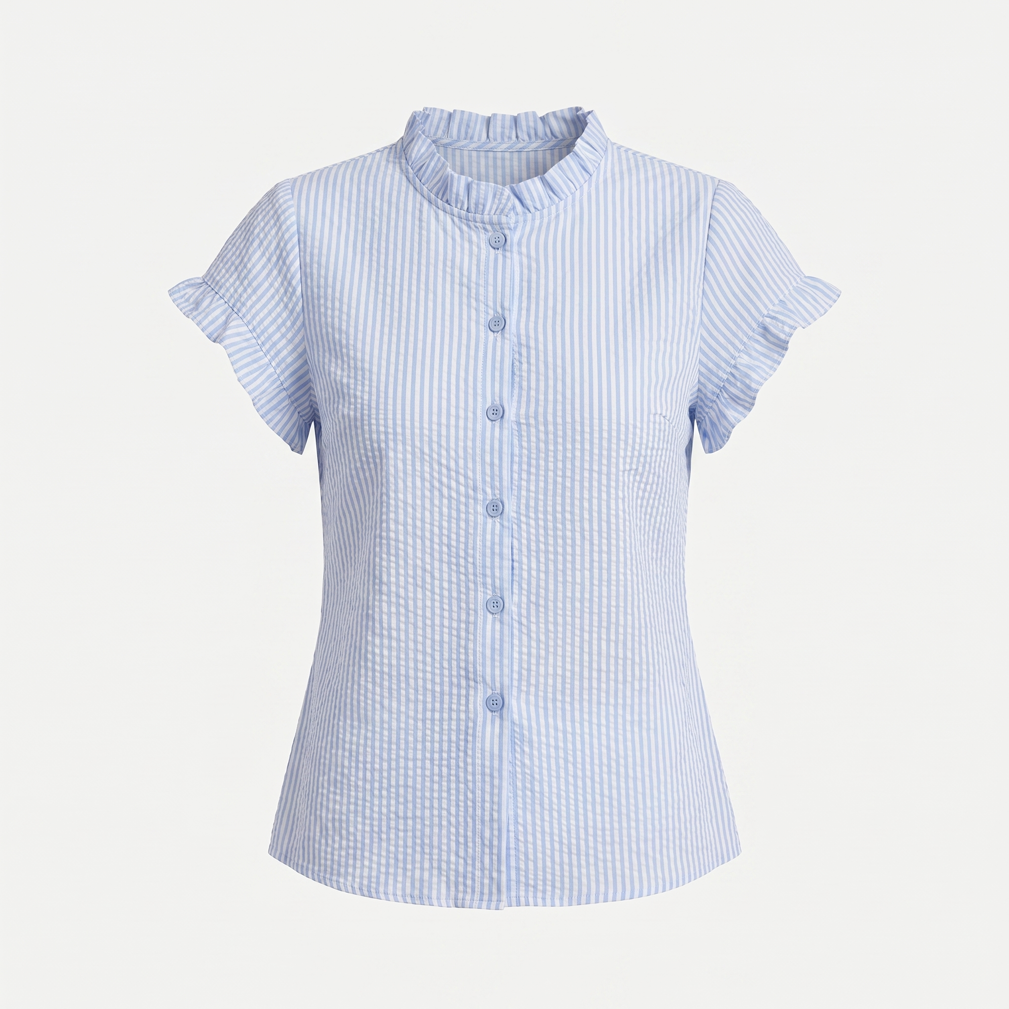 A light blue and white vertically striped short-sleeve blouse with a ruffled mock neck and button-front closure, shown on a plain light gray background.
