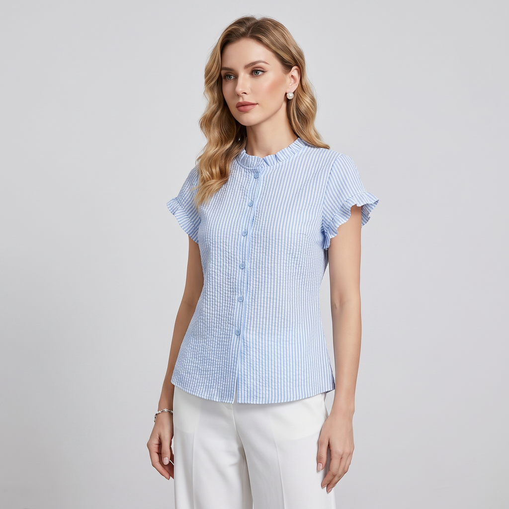 A woman modeling a light blue and white vertically striped short-sleeve blouse with ruffled sleeves and a button-up front, paired with white pants, against a solid light gray background.