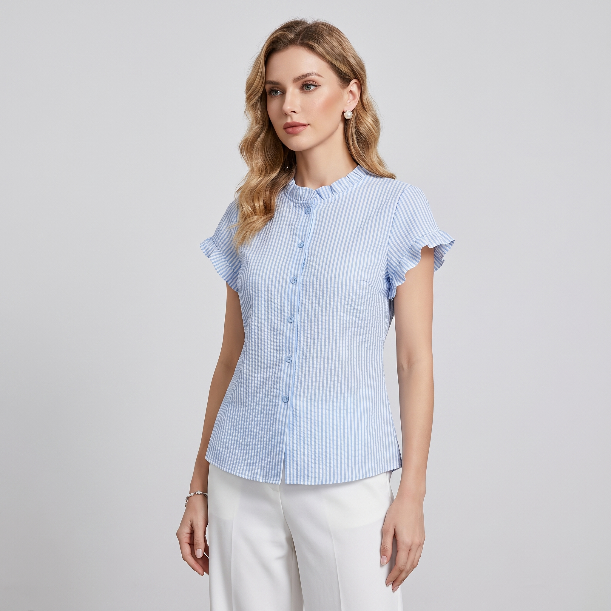 A woman modeling a light blue and white vertically striped short-sleeve blouse with ruffled sleeves and a button-up front, paired with white pants, against a solid light gray background.