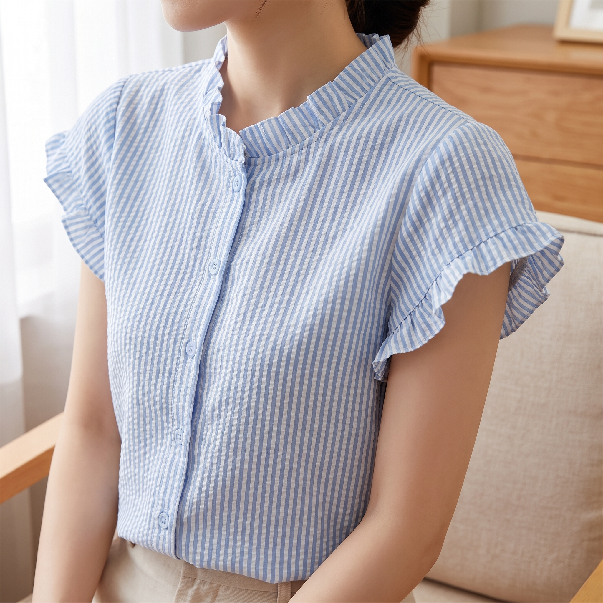 A woman wearing a light blue and white vertically striped short-sleeve blouse with a ruffled stand collar and ruffled sleeve hems, seated indoors on a light beige chair.