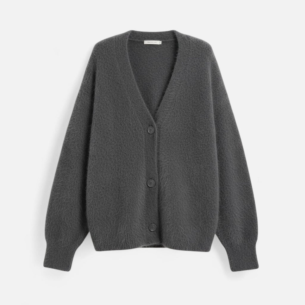 Charcoal grey loose-fit V-neck cardigan in soft knit fabric with a three-button front closure and ribbed cuffs.