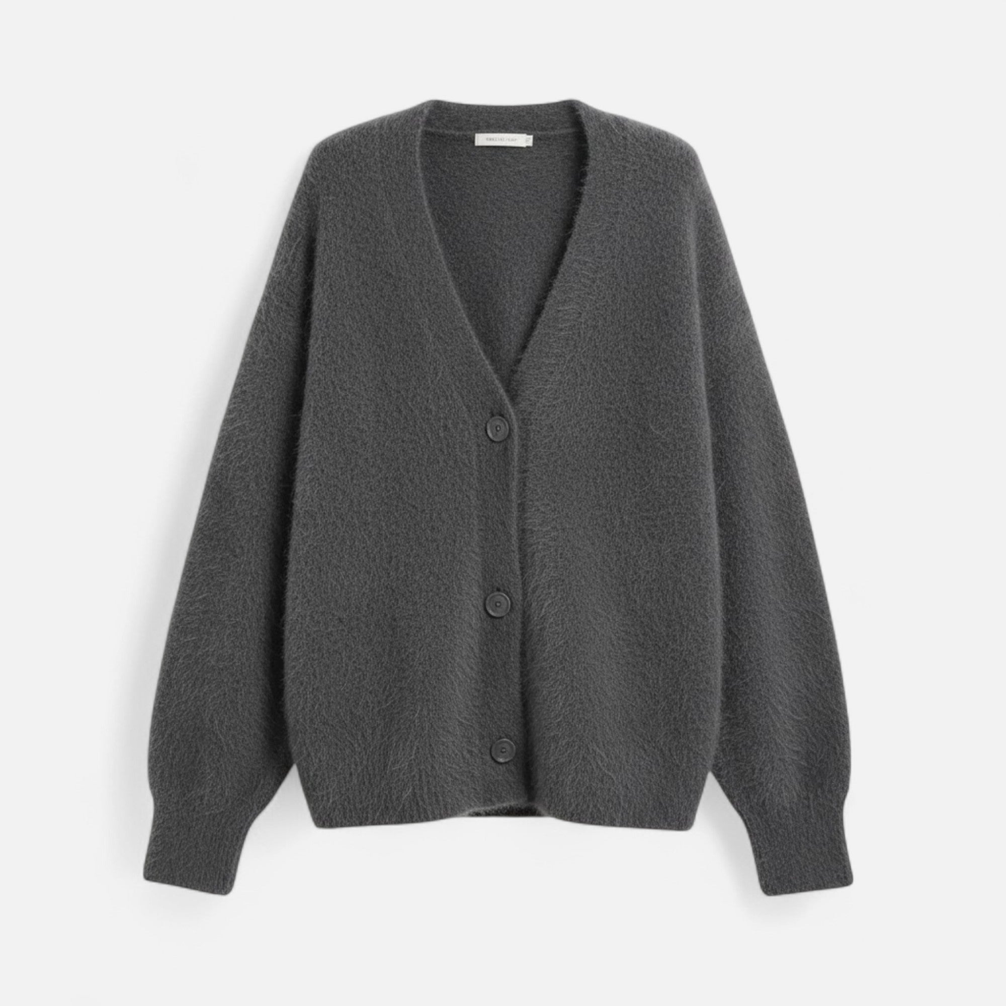 Charcoal grey loose-fit V-neck cardigan in soft knit fabric with a three-button front closure and ribbed cuffs.