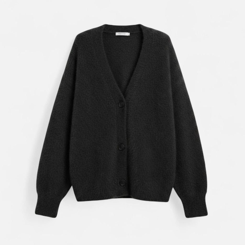 Black loose-fit V-neck cardigan in soft knit fabric with a button-up front and ribbed cuffs.