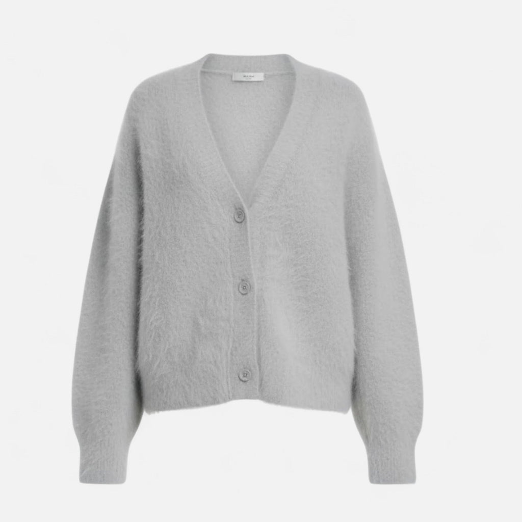 Light grey V-neck buttoned cardigan in a soft, fuzzy knit texture with long sleeves and a relaxed, loose fit.