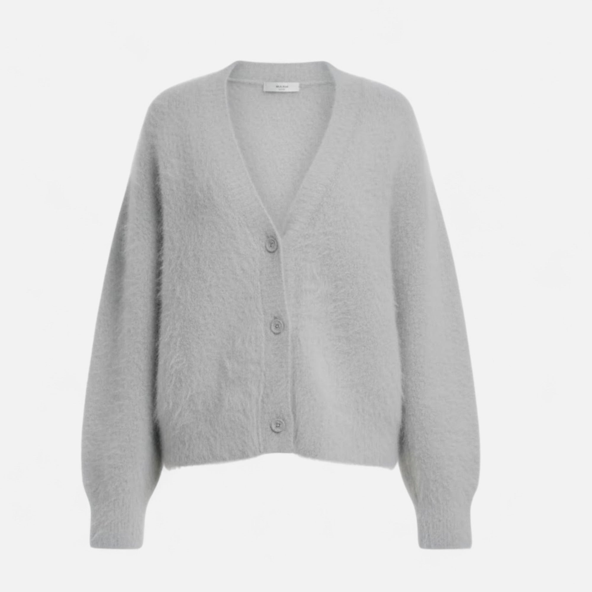 Light grey V-neck buttoned cardigan in a soft, fuzzy knit texture with long sleeves and a relaxed, loose fit.