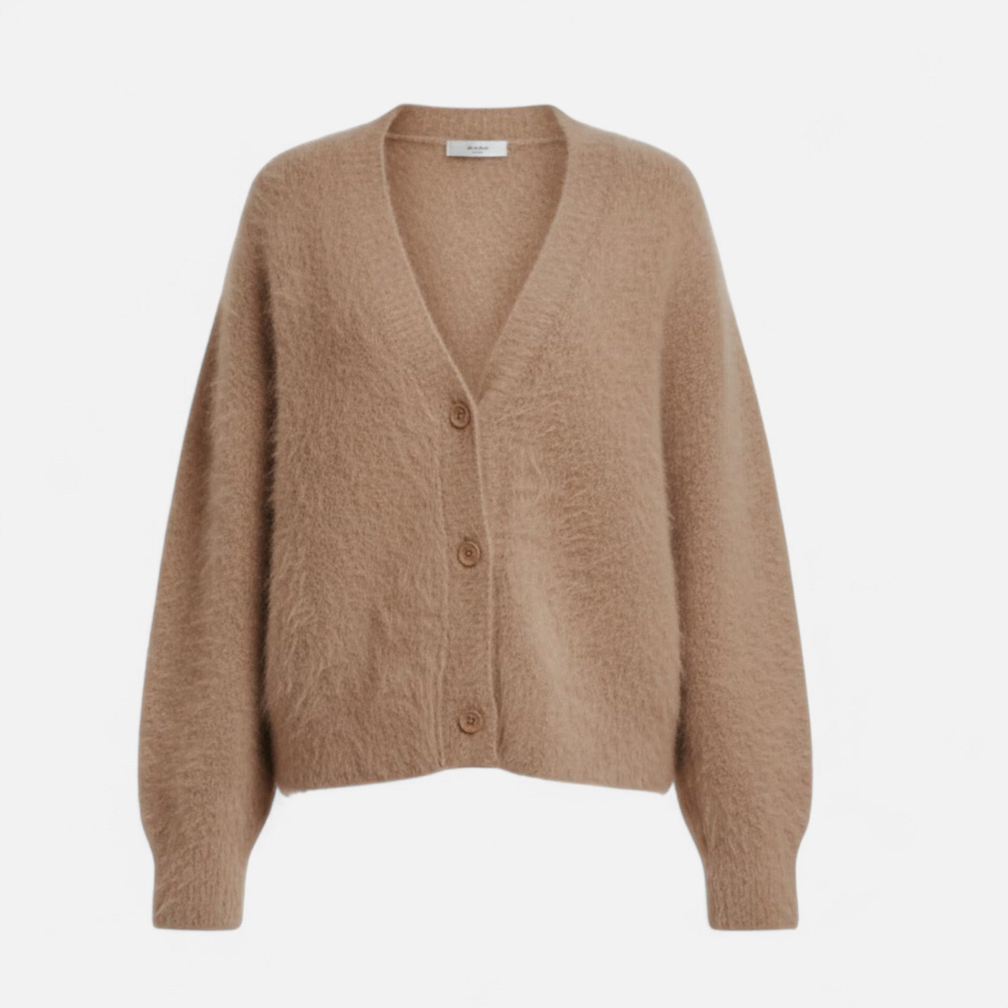 Beige loose-fit V-neck cardigan in soft knit fabric with a button-up front and ribbed cuffs.