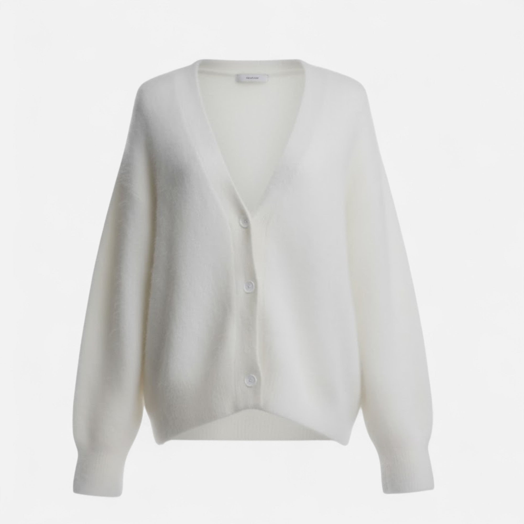 White loose-fit V-neck cardigan in soft knit fabric with a front button closure and long sleeves.