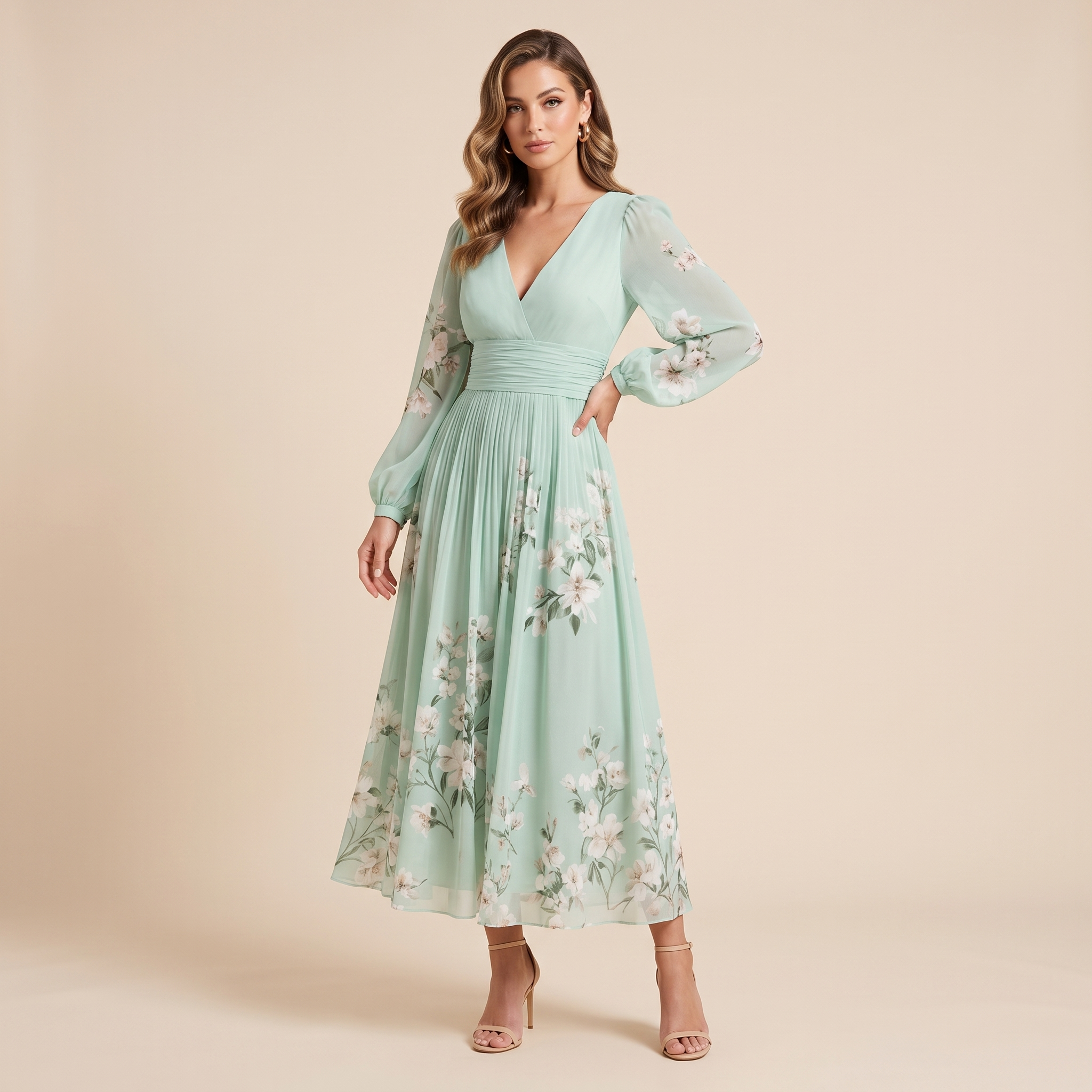 A woman modeling a mint green midi dress with a floral print, long sheer sleeves, and a V-neckline against a solid beige studio background.