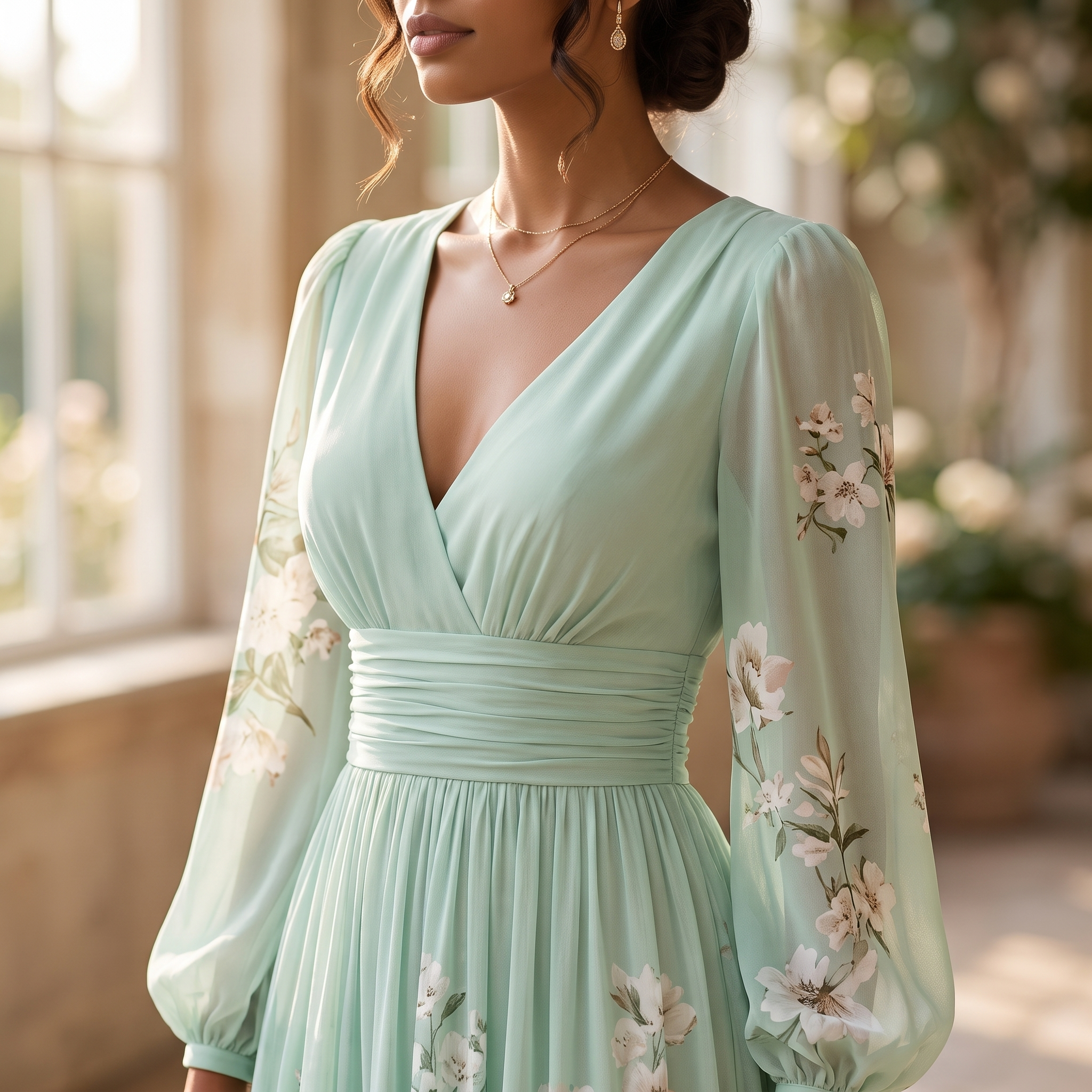 A woman wearing a mint green wrap-style dress with sheer long sleeves featuring white and pink floral prints, photographed in a softly lit indoor setting.