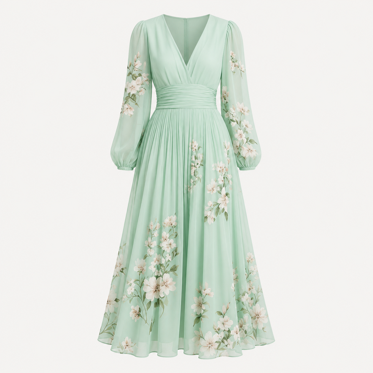 A mint green maxi dress with a V-neckline, long sheer puff sleeves, a gathered waist, and a floral print featuring white and light pink blossoms with green leaves, shown against a plain light gray background.