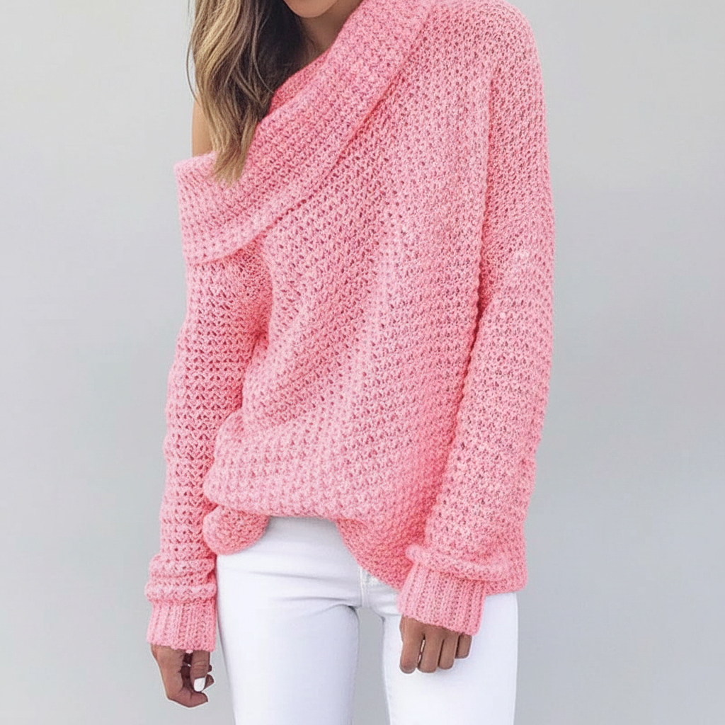 Light pink off-shoulder sweater in a relaxed open knit texture with long sleeves and a folded neckline.