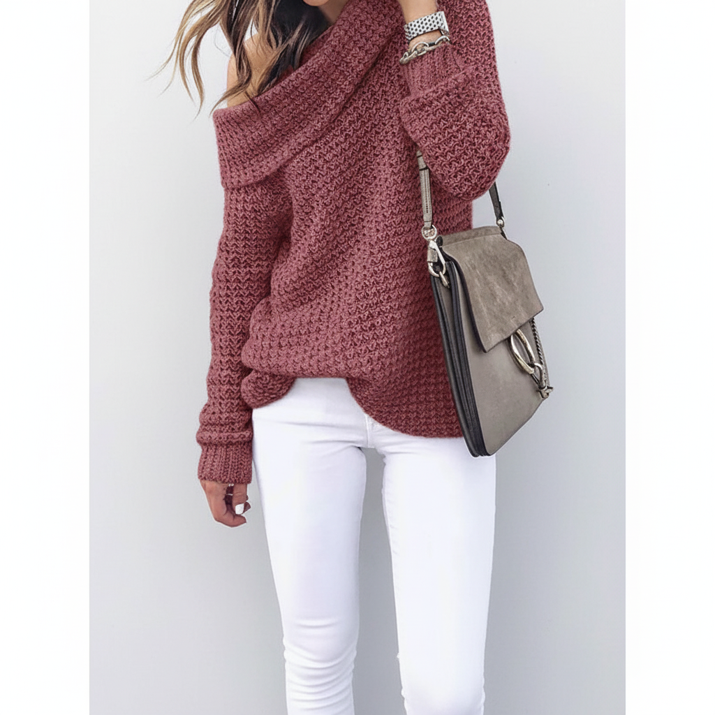 Pink off-shoulder sweater with a textured open knit, long sleeves, and a relaxed fit paired with white jeans.