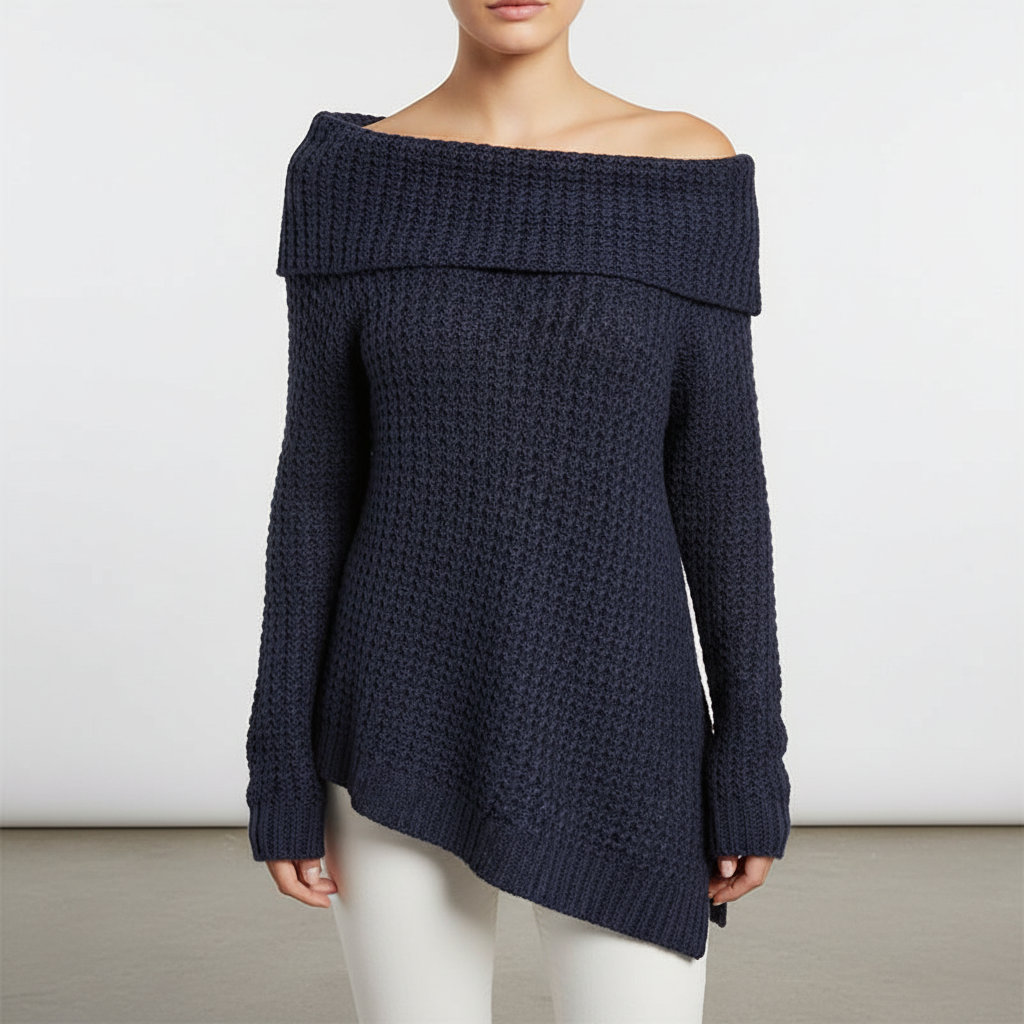 Navy blue off-shoulder sweater featuring an open knit texture, long sleeves, and a relaxed, asymmetrical hemline.