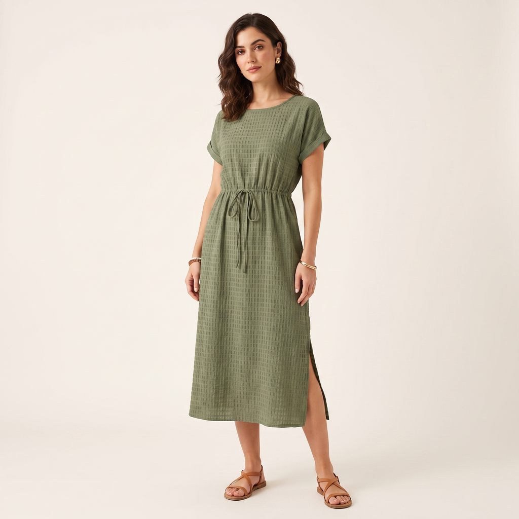 Woman wearing a green dress on a beige background