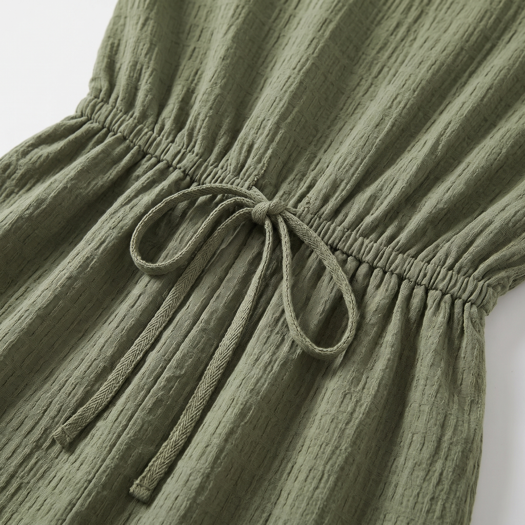 Close-up of a green dress with a tie detail on a white background