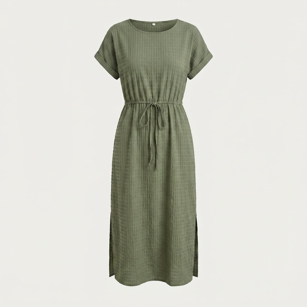 Green dress with a tie waist on a white background