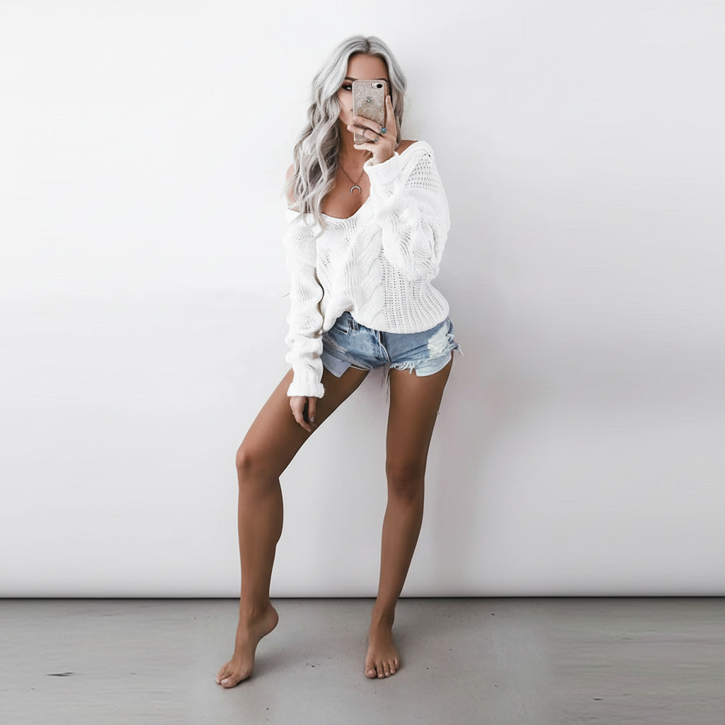 Woman wearing an oversized white cable-knit sweater with a wide neckline and long sleeves paired with denim shorts.