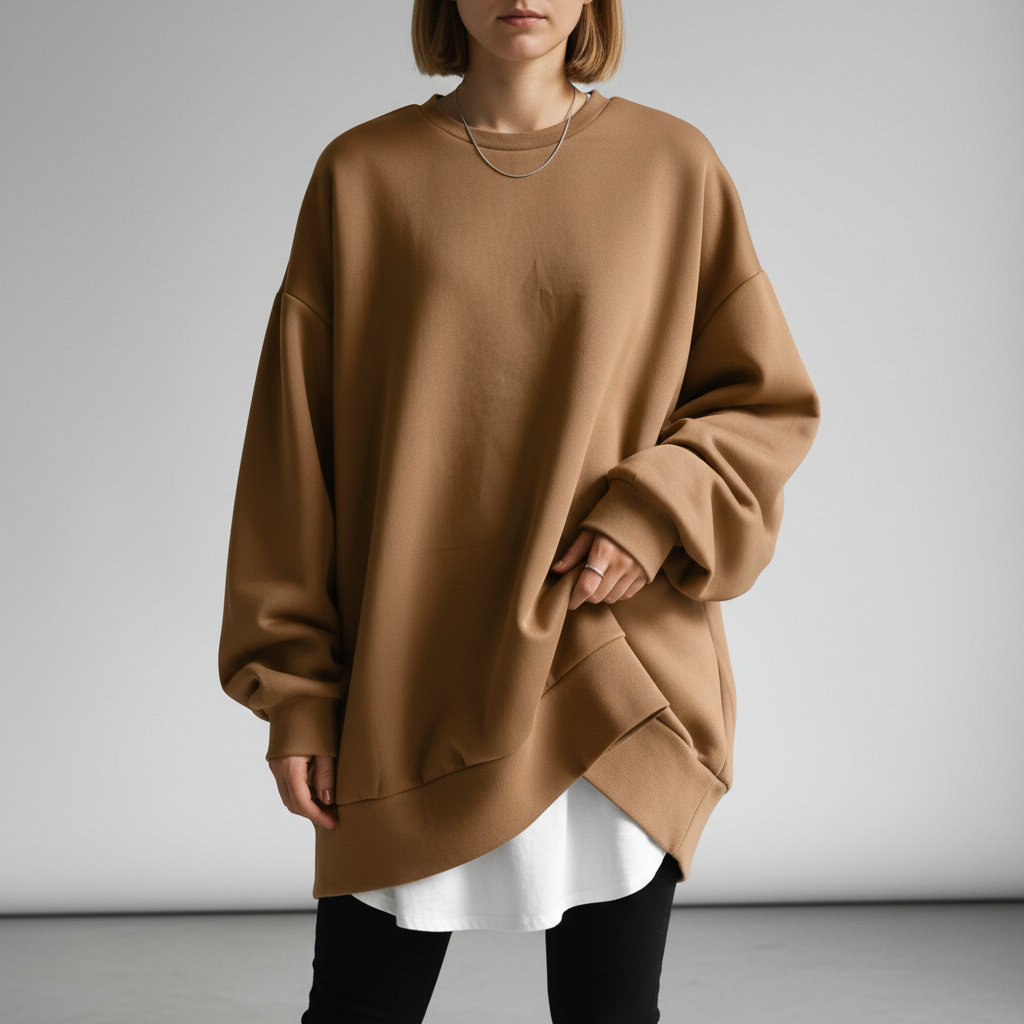 Brown oversized crew neck sweatshirt with dropped shoulders, long sleeves, and ribbed trim over a white base layer.