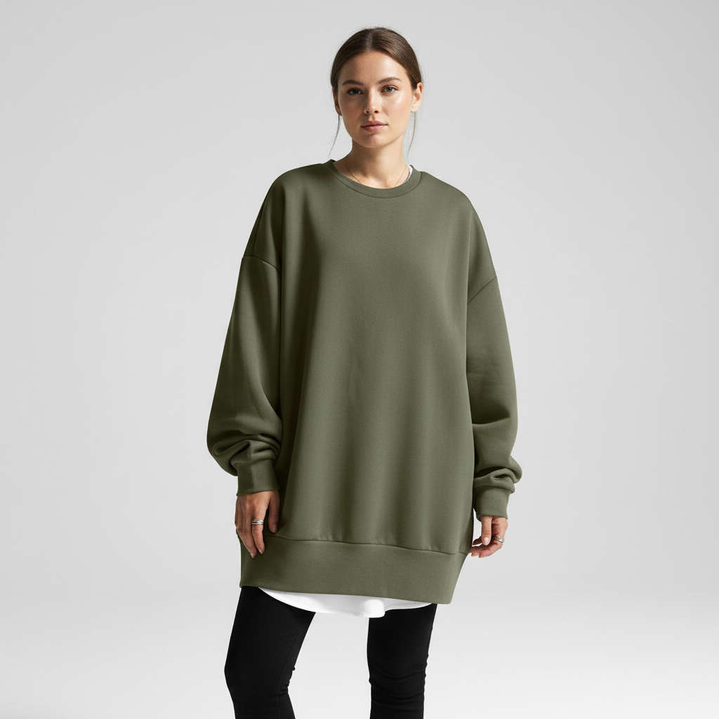 Olive green oversized crew neck sweatshirt with dropped shoulders and ribbed hem, worn over a white shirt and black leggings.