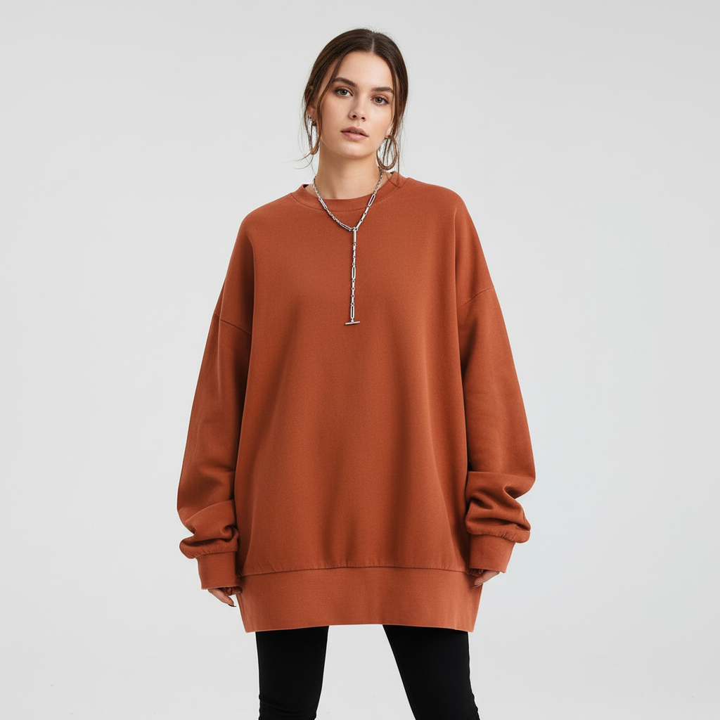 Model wearing an oversized brown crew neck sweatshirt with dropped shoulders and ribbed trims.