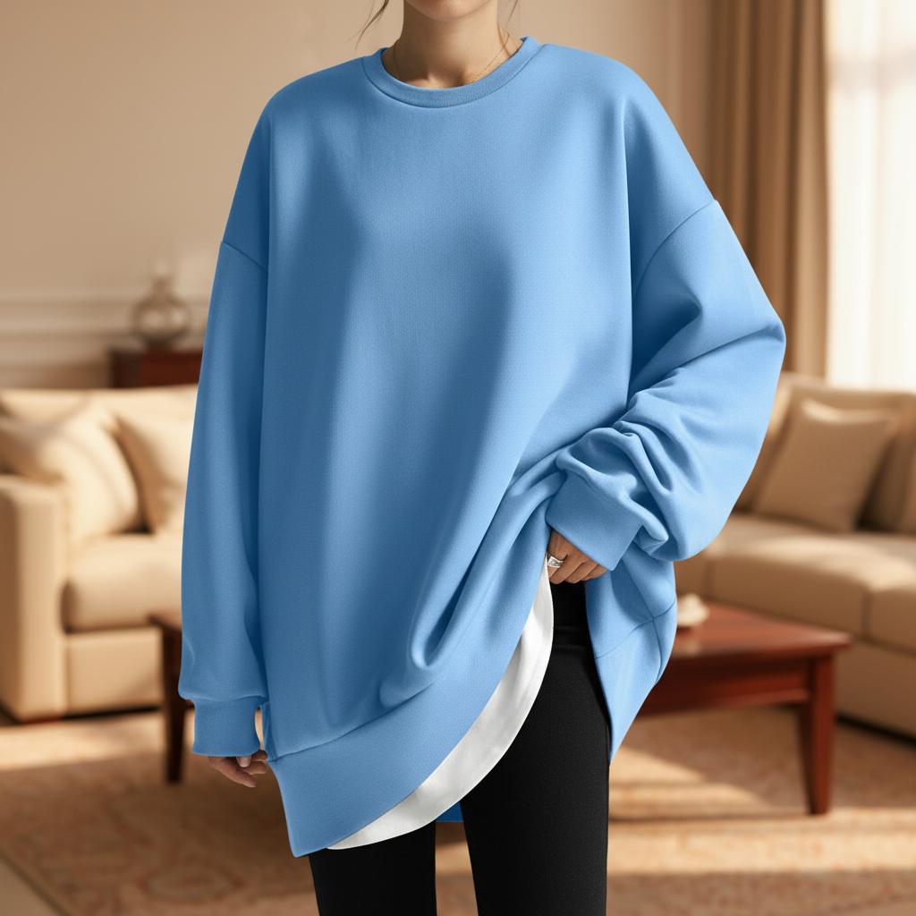 Blue oversized crew neck sweatshirt with dropped shoulders, long sleeves, and ribbed trim, layered over a white shirt.