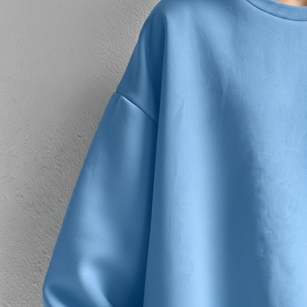 Blue oversized crew neck sweatshirt with dropped shoulders and ribbed trim detail.