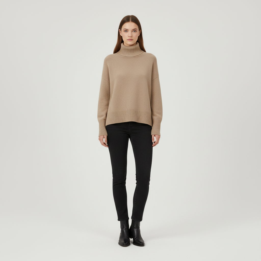 Beige oversized turtleneck sweater with dropped shoulders and wide ribbed trims, paired with slim black jeans.