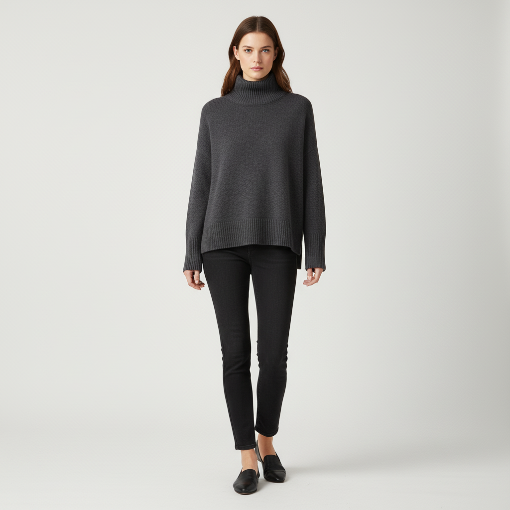 Dark grey oversized turtleneck sweater with dropped shoulders and wide ribbed trims, paired with slim black jeans.