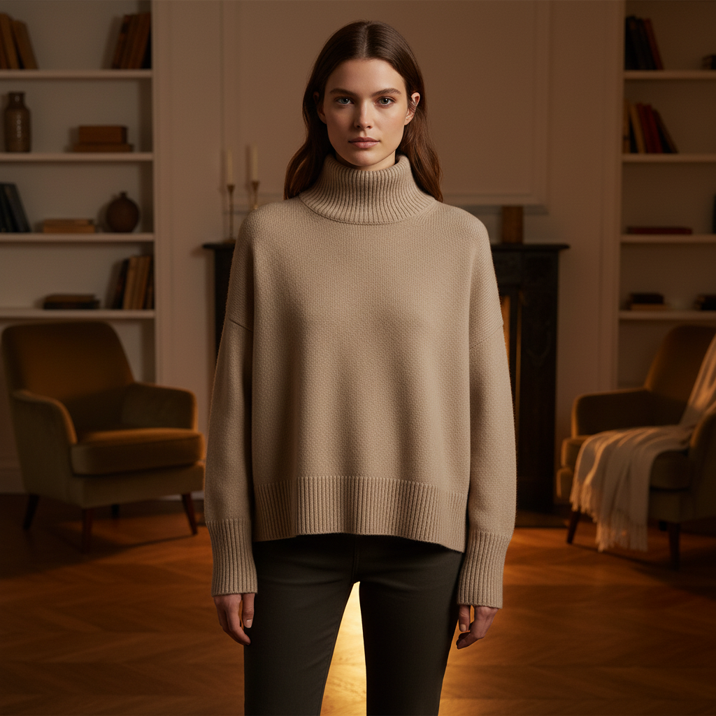 Beige oversized turtleneck sweater with dropped shoulders and wide ribbed trims, styled with dark trousers.
