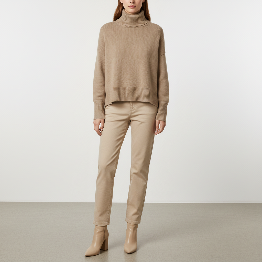 Beige oversized turtleneck sweater with dropped shoulders and wide ribbed trims, styled with matching slim trousers.