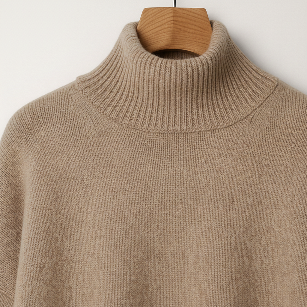 Beige oversized turtleneck sweater with a high ribbed neckline and dropped shoulders, hanging on a wooden hanger.