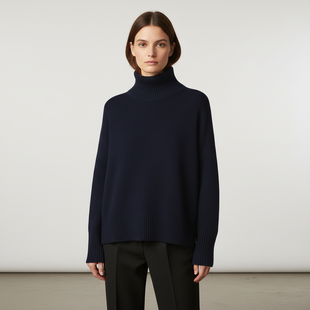 Navy blue oversized turtleneck sweater with dropped shoulders and wide ribbed trims worn with black trousers.