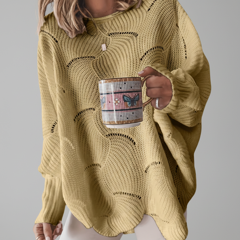 Yellow oversized open-knit sweater with a crew neck, long ribbed sleeves, and a draped asymmetric hem.