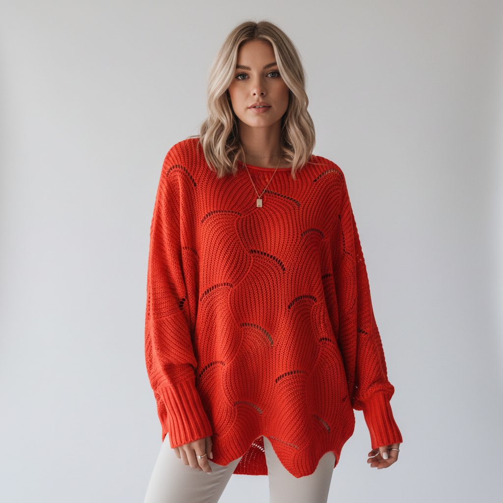 Oversized red crew neck sweater with open-knit texture, long sleeves, and an asymmetric hem worn by a blonde model.