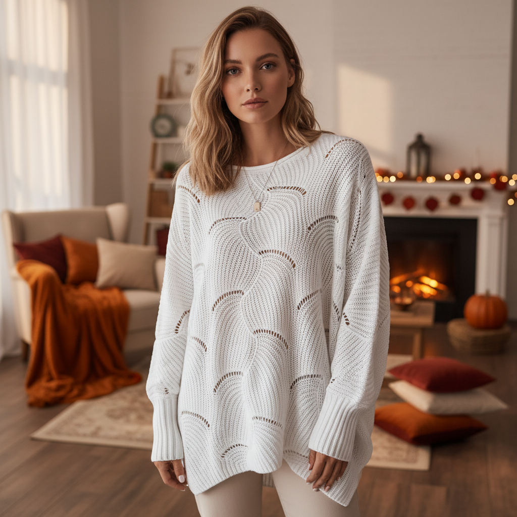 Woman wearing an oversized white open-knit sweater with long sleeves and an asymmetric hem in a cozy living room.