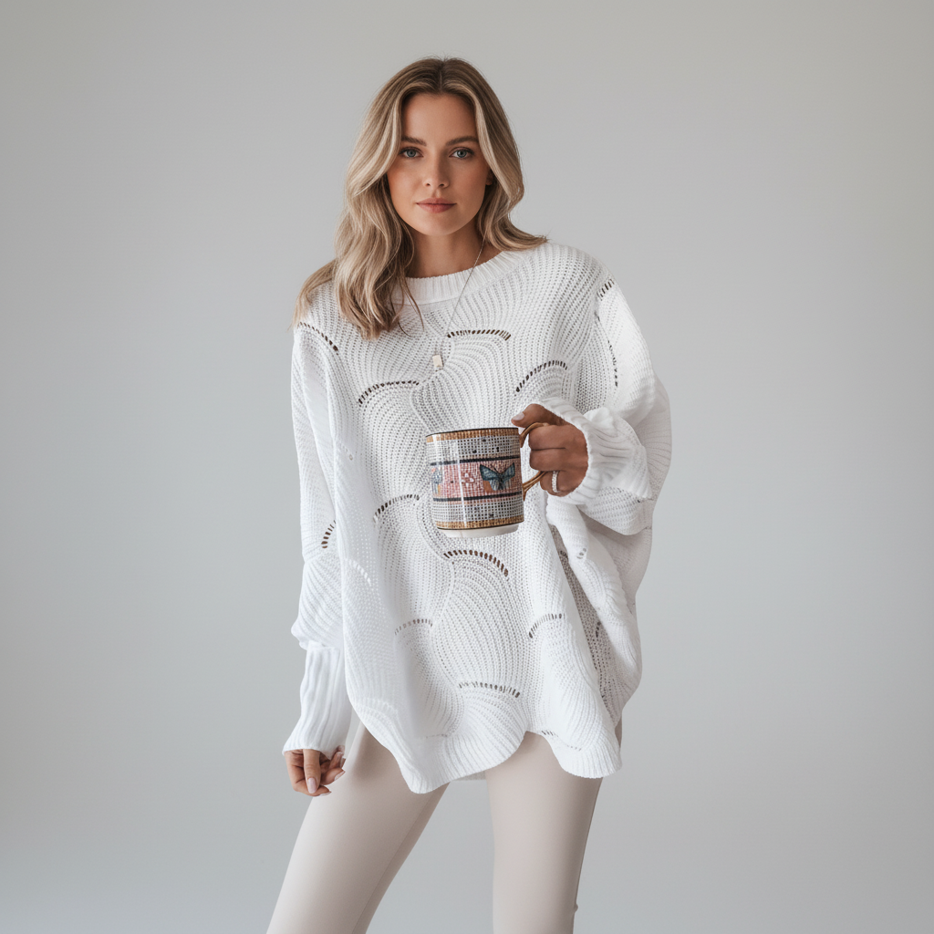 Woman wearing an oversized white open-knit sweater with long sleeves, ribbed cuffs, and a draped asymmetric hem.