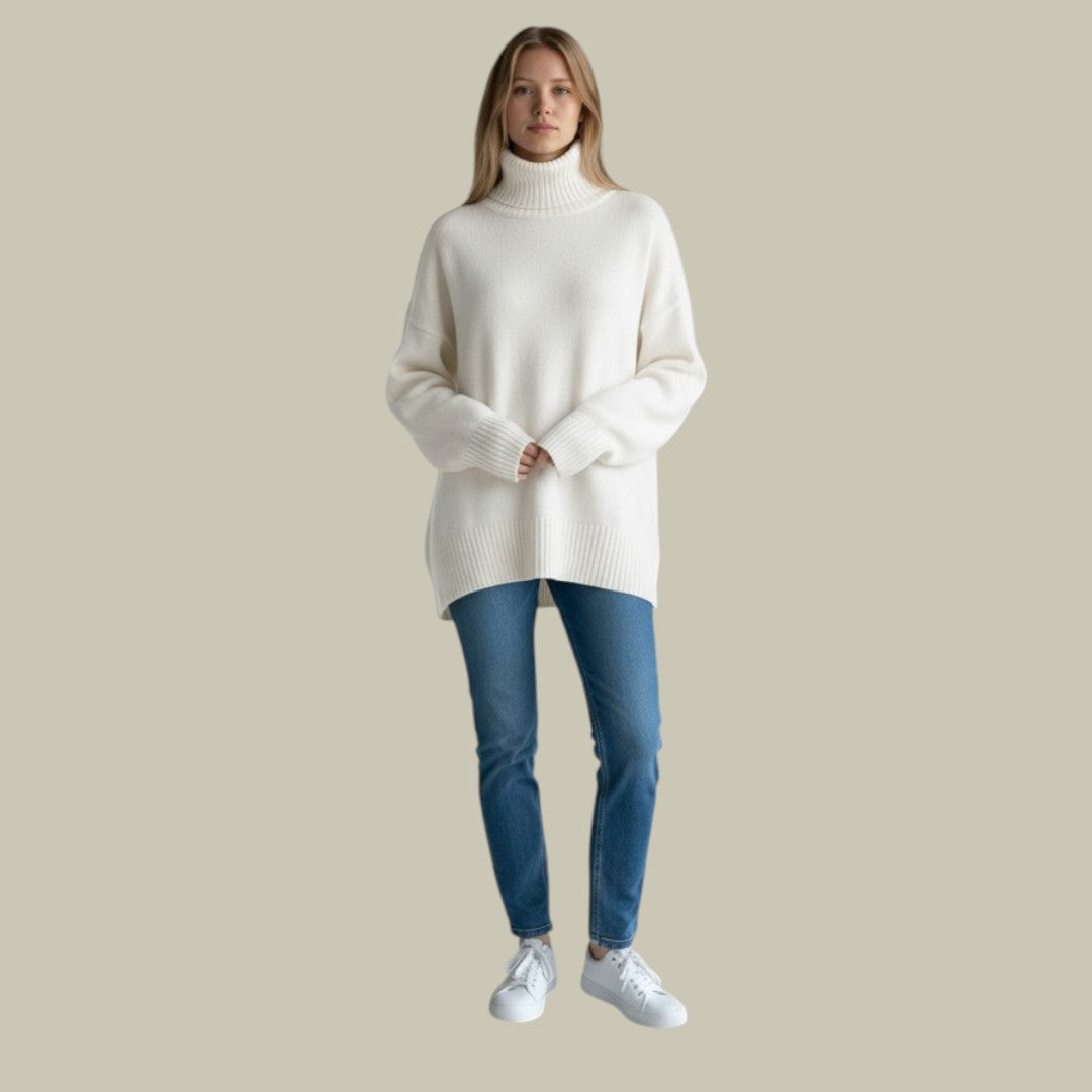 Woman wearing an oversized white ribbed turtleneck sweater with dropped shoulders and blue jeans.