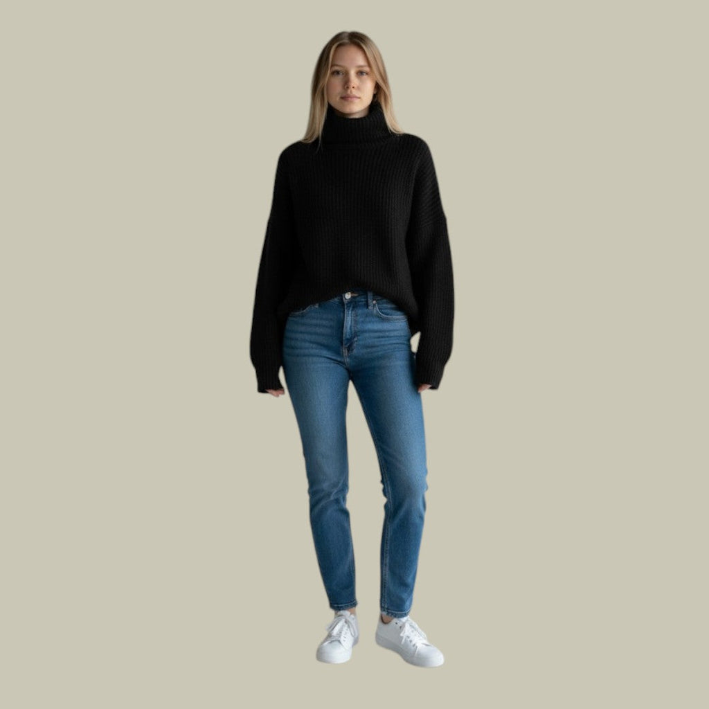 Woman wearing an oversized black ribbed turtleneck sweater with dropped shoulders, paired with blue jeans and white sneakers.