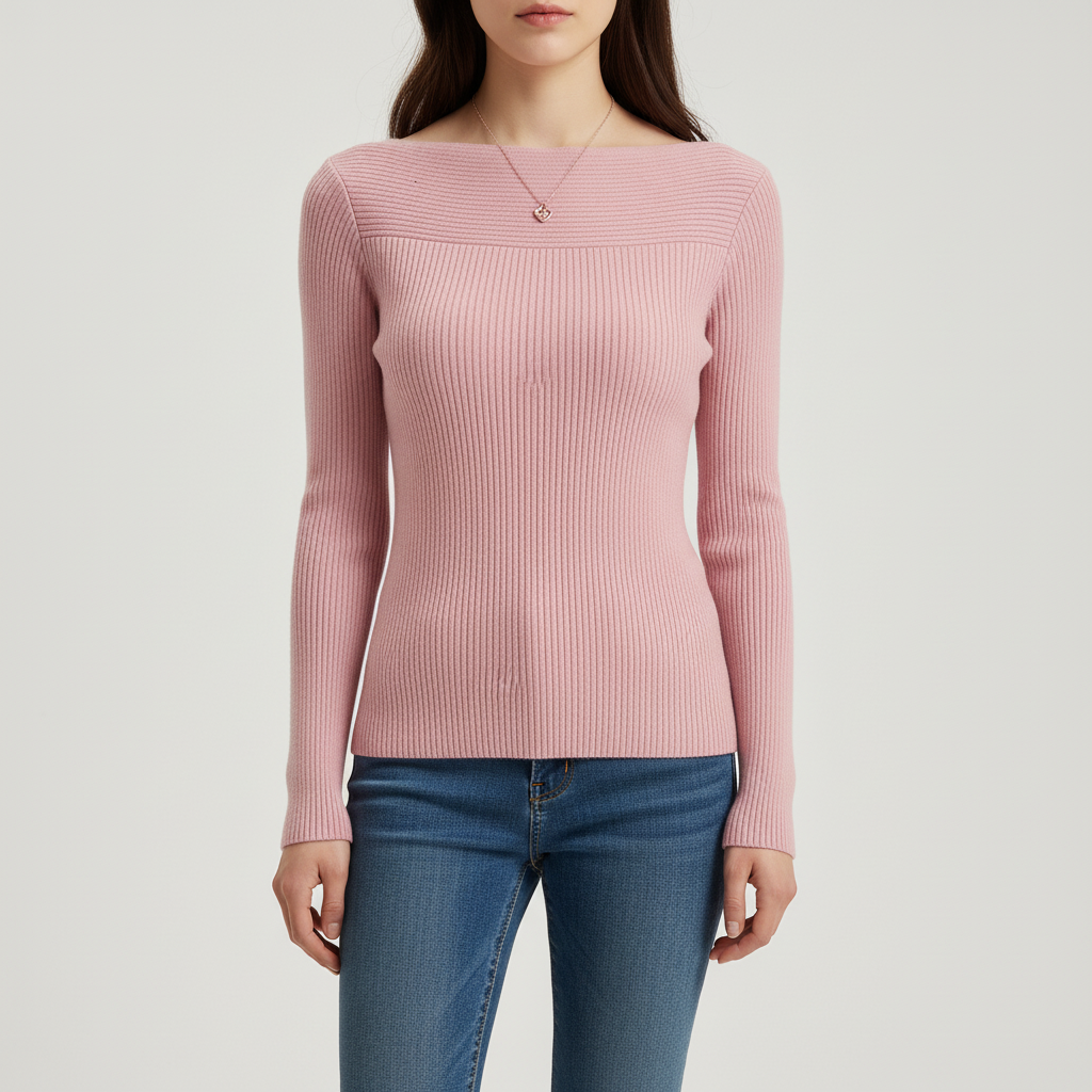 Slim-fit pink ribbed sweater with horizontal panelling and a notched neckline, worn with blue jeans.