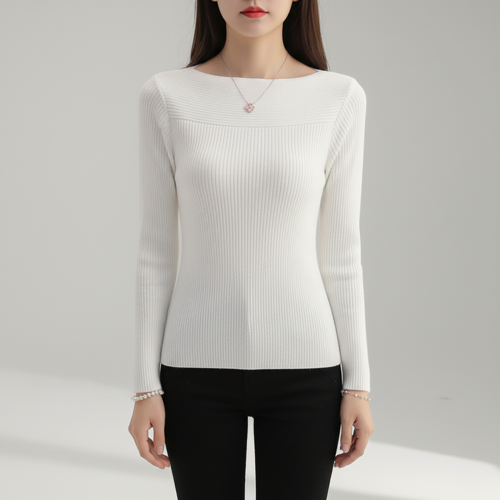 White slim-fit sweater featuring a notched neckline, long sleeves, and horizontal ribbed knit texture.