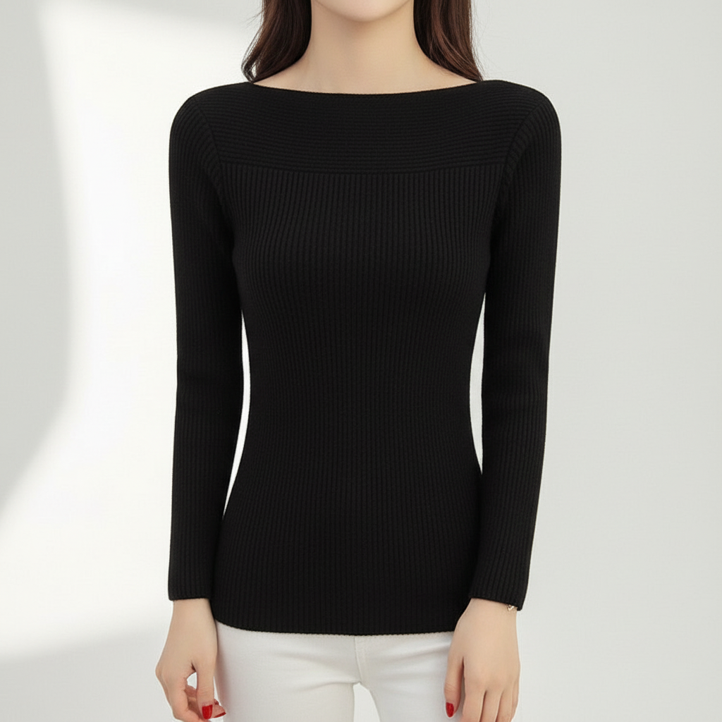 Slim-fit black sweater with a wide notched neckline and ribbed horizontal panelling, worn with white trousers.