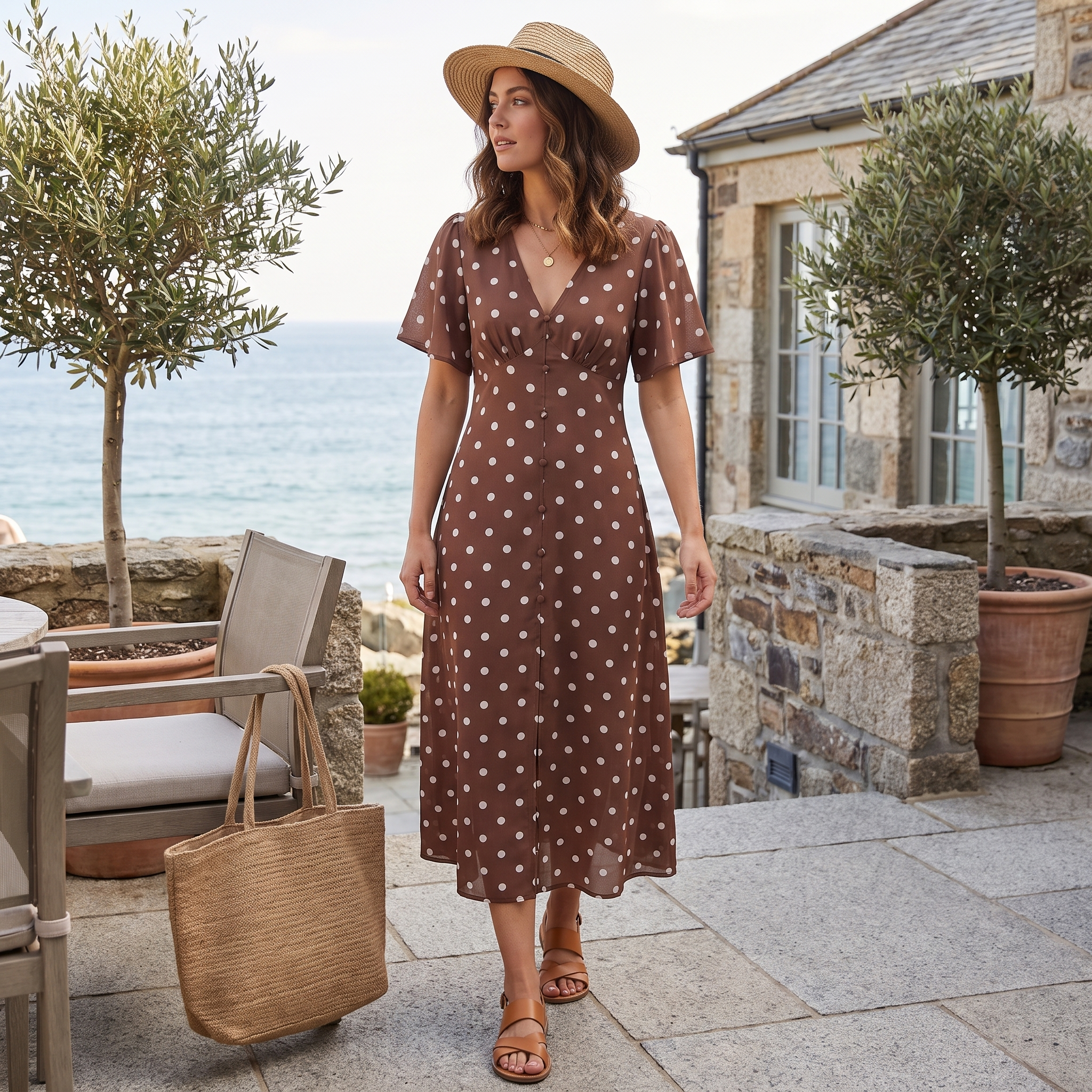 A woman stands on a stone patio wearing a brown midi dress with white polka dots, a beige straw hat, and tan sandals. Olive trees, a stone building, and the sea are visible in the background.