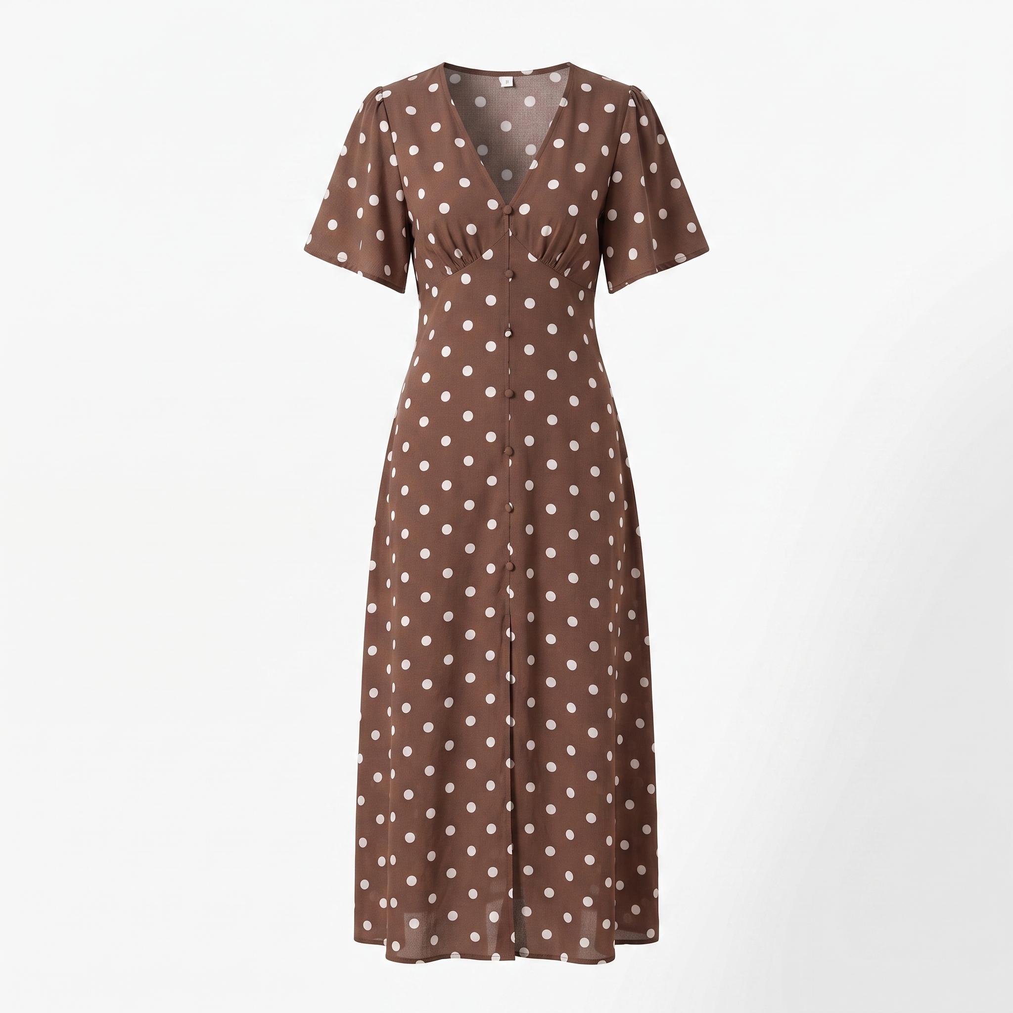Brown dress with white polka dots on a light gray background