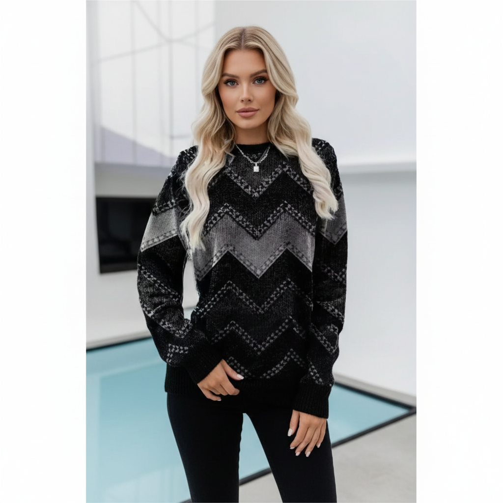 Relaxed black crew neck knit sweater featuring a grey chevron print, long sleeves, and ribbed cuffs.
