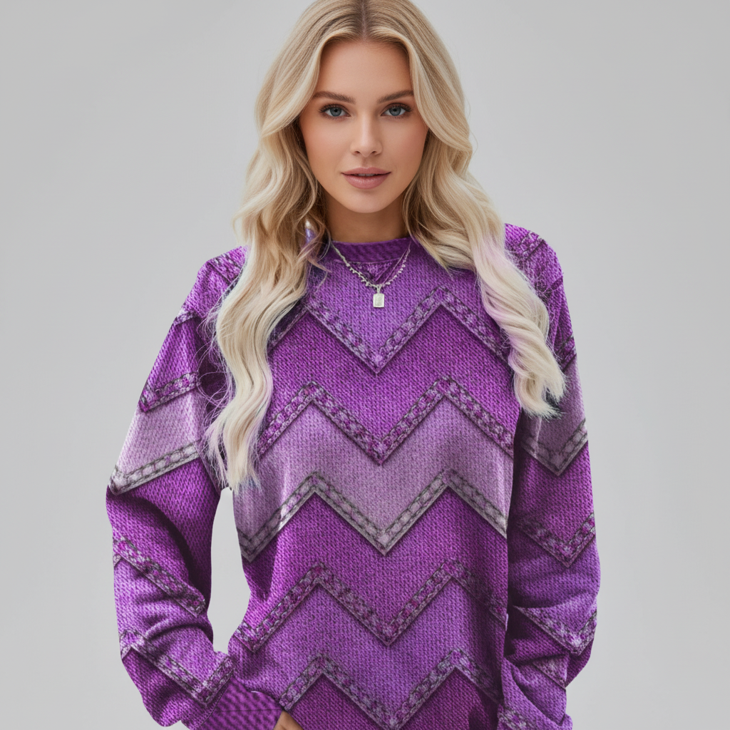 Relaxed fit dark purple knit sweater with a chevron print, crew neckline, and long sleeves with ribbed cuffs.